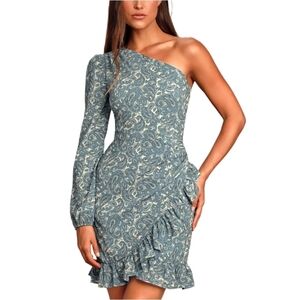 Wayf Michelyne Teal Blue Paisley Ruffled One-Shoulder Mini Dress Size XS